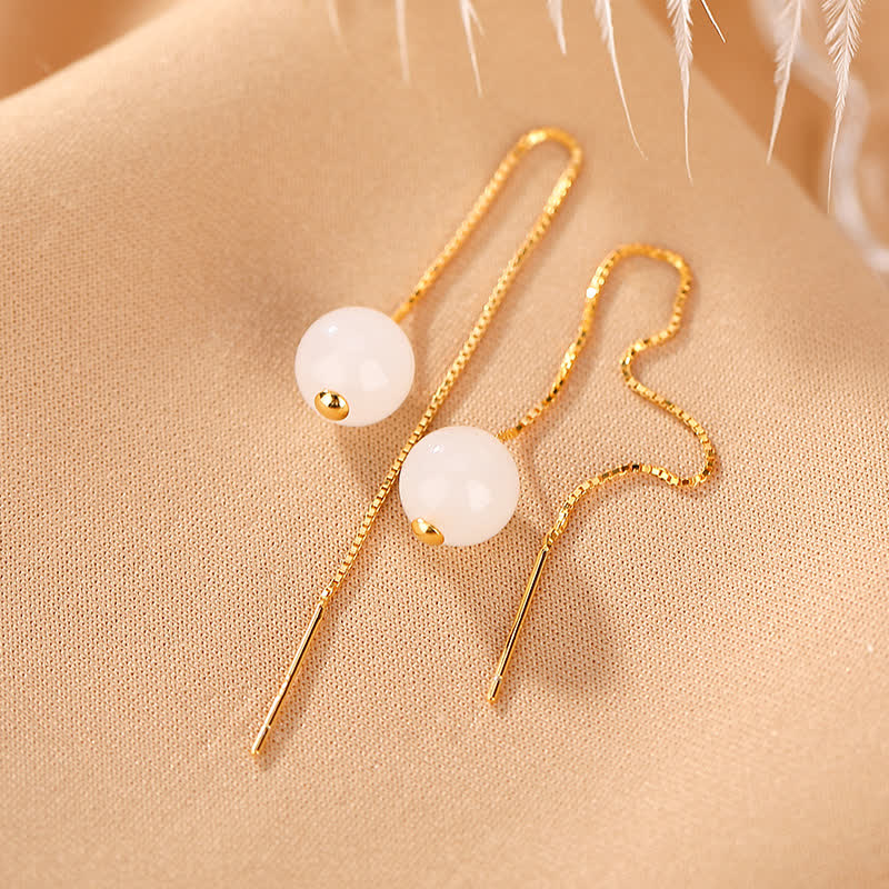 925 Sterling Silver White Jade Beaded Happiness Drop Earrings - White Jade(Protection♥Happiness) - image 0