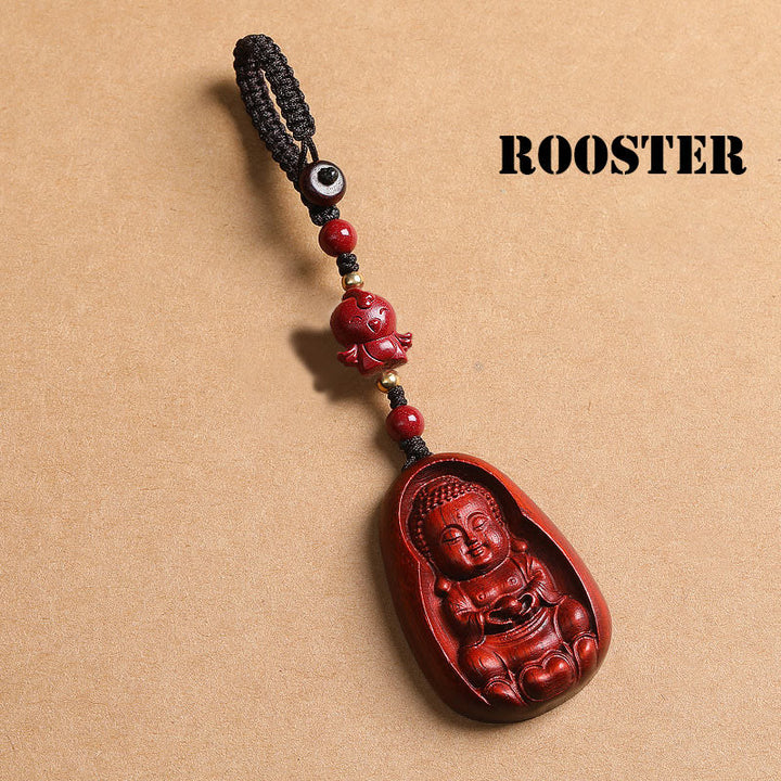 Buddha Stones Small Leaf Red Sandalwood Buddha Cinnabar Chinese Zodiac Amulet Protection Key Chain - Rooster - image 23