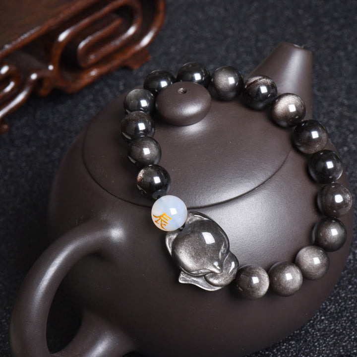 Buddha Stones Natural Rainbow Obsidian Gold Sheen Obsidian Silver Sheen Obsidian Fox Healing Bracelet - Silver Sheen Obsidian - Pig - image 15