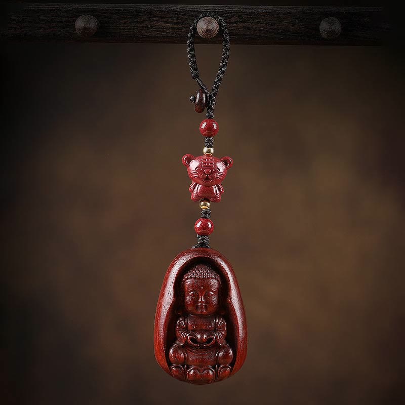 Buddha Stones Small Leaf Red Sandalwood Buddha Cinnabar Chinese Zodiac Amulet Protection Key Chain - image 6