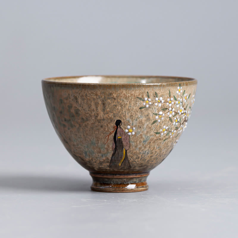 Buddha Stones Jingdezhen Hand Painted Ru Kiln Porcelain Hanfu Girl Flower Ceramic Teacup Kung Fu Tea Cups - Hanfu Girl 8cm*6cm*100ml - image 0