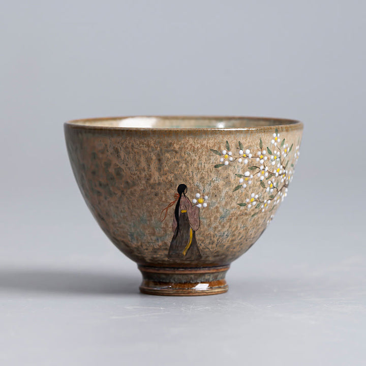 Buddha Stones Jingdezhen Hand Painted Ru Kiln Porcelain Hanfu Girl Flower Ceramic Teacup Kung Fu Tea Cups - Hanfu Girl 8cm*6cm*100ml - image 0