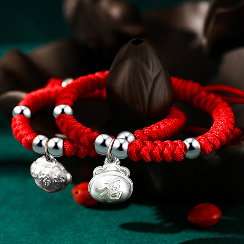 Buddha Stones 925 Sterling Silver Handmade Fu Character Lucky Money Bag Chinese Lock Charm Bell Lotus Copper Coin King Kong Knot Braided Kids Bracelet - image 0