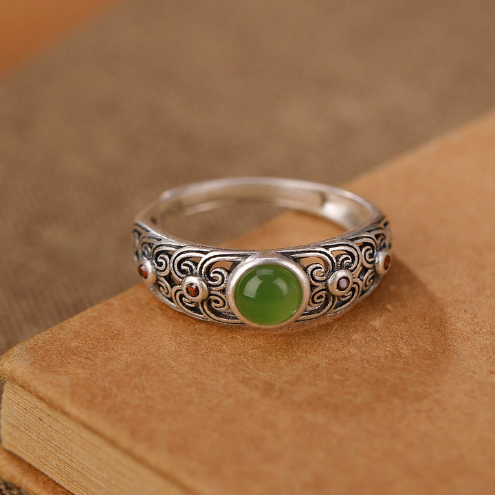 Buddha Stones 925 Sterling Silver Hetian Cyan Jade Harmony Adjustable Ring - image 5