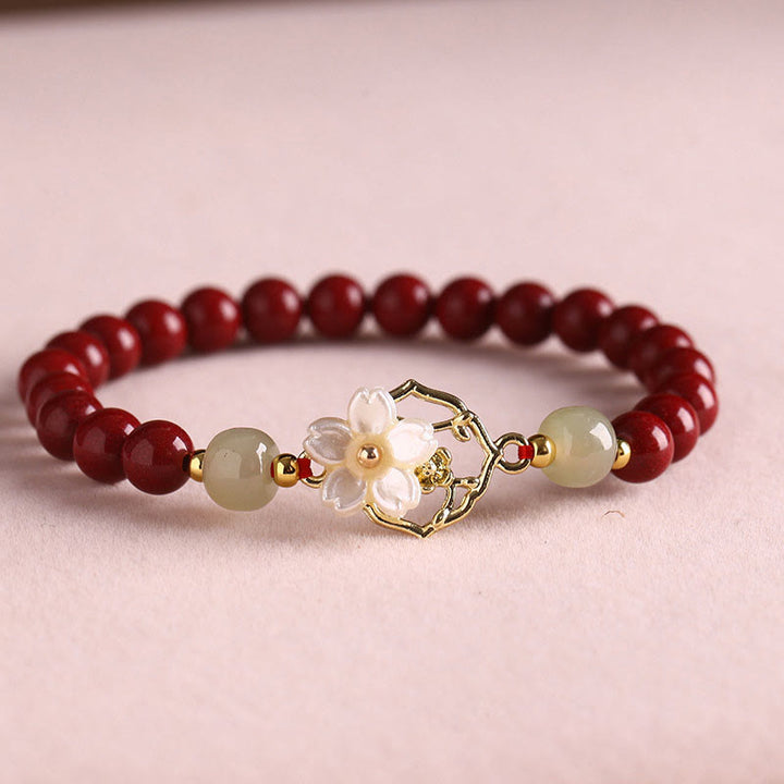 Buddha Stones Natural Cinnabar Jade Beaded Tridacna Stone Flower Blessing Bracelet - Cinnabar - 6mm(Wrist Circumference 17cm) - image 2