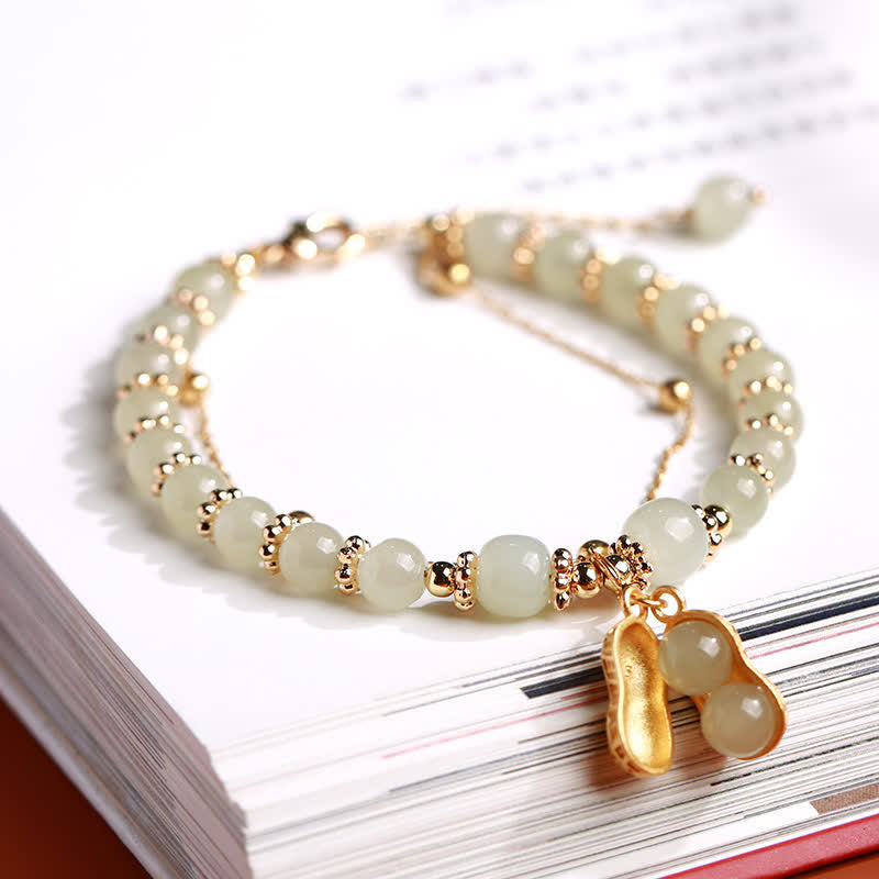 Buddha Stones 925 Sterling Silver Natural Hetian Jade Good Things Happen Peanut Charm Bracelet - Hetian Jade(Prosperity♥Abundance) - image 0