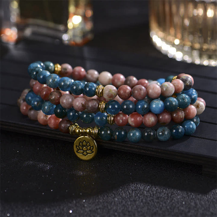 Buddha Stones Lazurite Picasso Jasper Amazonite Rhodonite Apatite Positive Lotus Prayer Bead Bracelet - Apatite - image 14