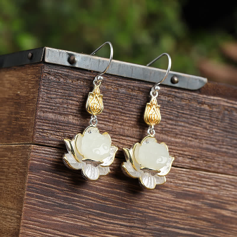 Buddha Stones White Jade Protection Harmony Drop Earrings - Lotus - image 0