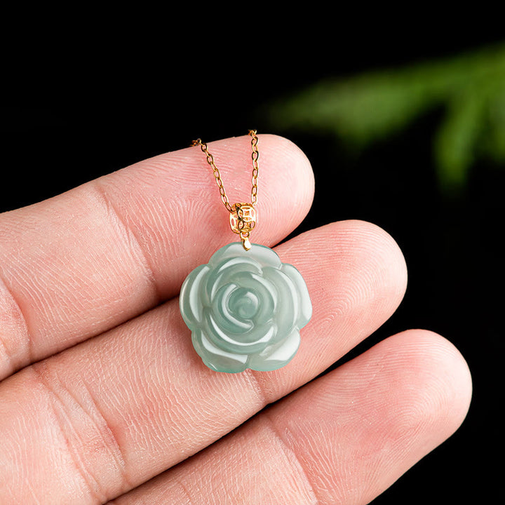 Buddha Stones 18K Gold 925 Sterling Silver Natural Jade Rose Luck Necklace Pendant - image 5