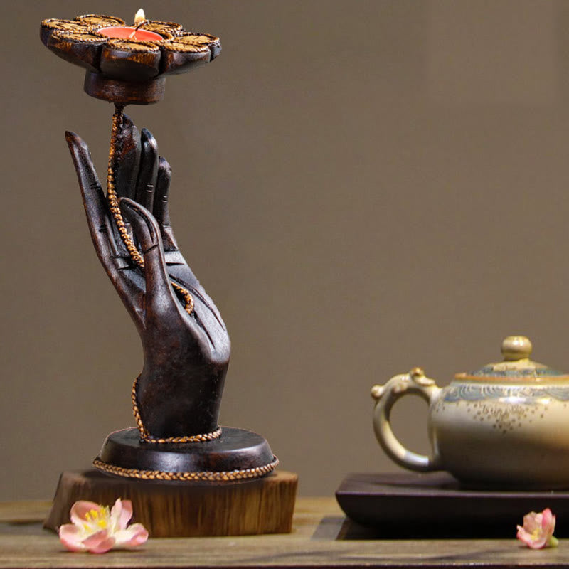 Buddha Stones Hand Pattern Wood Candlestick Home Candle Holder Decoration - Left Hand(1Pc Candle) - image 0