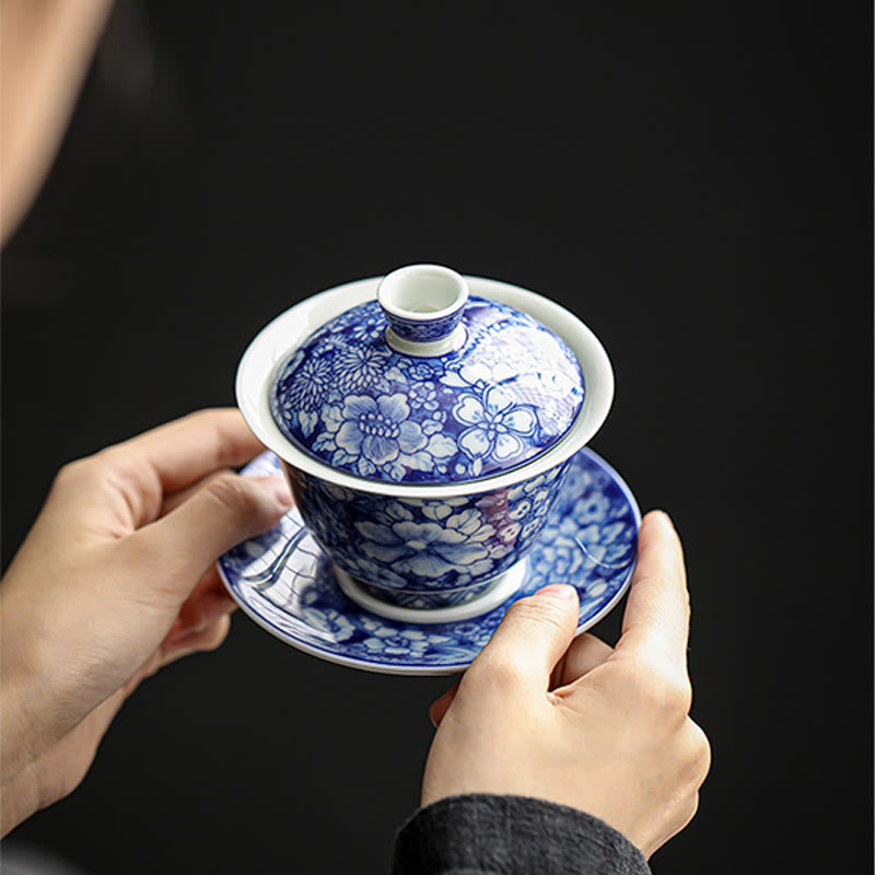 Buddha Stones Vintage Blue And White Porcelain Ceramic Gaiwan Sancai Teacup Kung Fu Tea Cup And Saucer With Lid - image 11