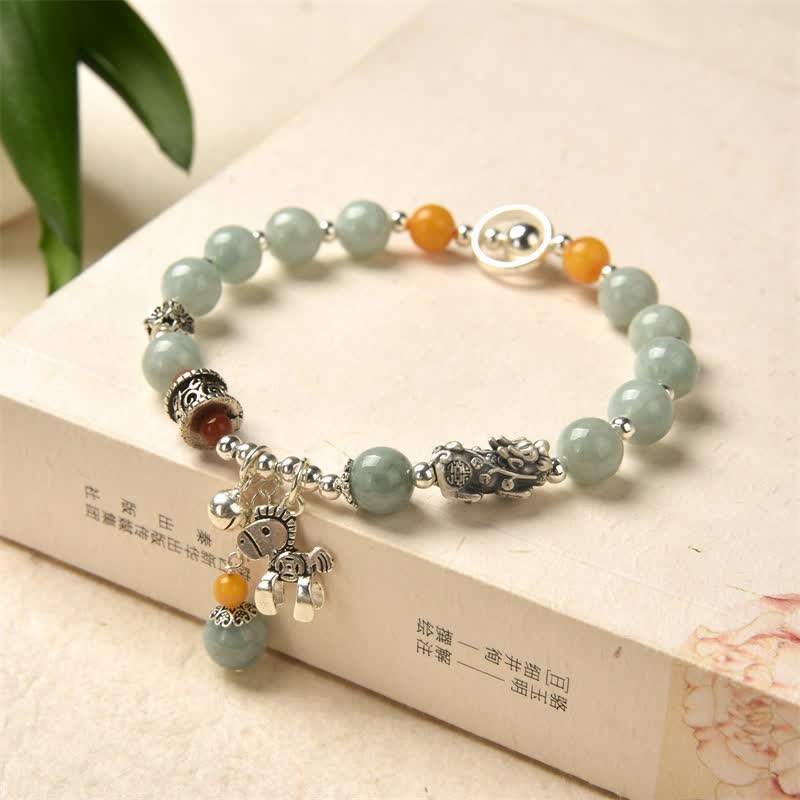 Buddha Stones 925 Sterling Silver Natural Jade Amber PiXiu Pony Success Bracelet - Jade (Prosperity ♥ Abundance) - image 0