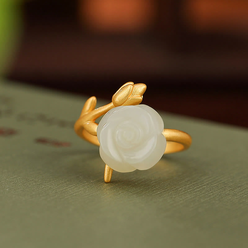 Buddha Stones 925 Sterling Silver Plated Gold Rose Flower Hetian White Jade Happiness Ring - image 3