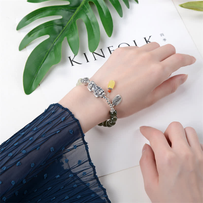 Buddha Stones 925 Sterling Silver Natural Hetian Jade Amber PiXiu Luck Bracelet - image 2