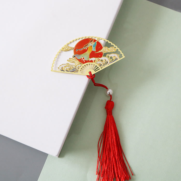 Buddha Stones Traditional Butterfly Lotus Flower Crane Dragon Phoenix Fox Koi Fish New Beginning Metal Brass Hollow Fan Bookmarks - Red Sun Fairy - image 16
