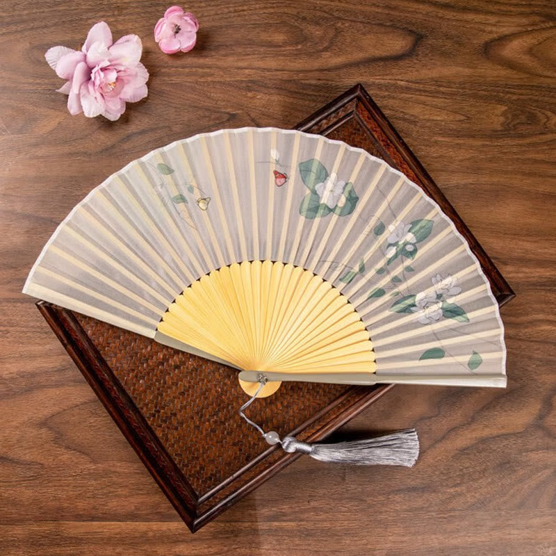 Buddha Stones Jasmine Lotus Begonia Flowers Handheld Bamboo Folding Fan - image 3