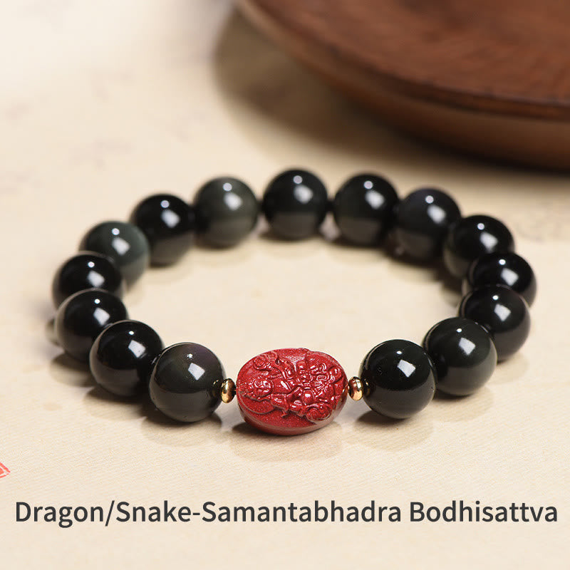 Buddha Stones Chinese Zodiac Natal Buddha Natural Black Obsidian Cinnabar Purification Bracelet - 12mm - Dragon/Snake-Samantabhadra Bodhisattva(Wrist Circumference 14-17cm) - image 23