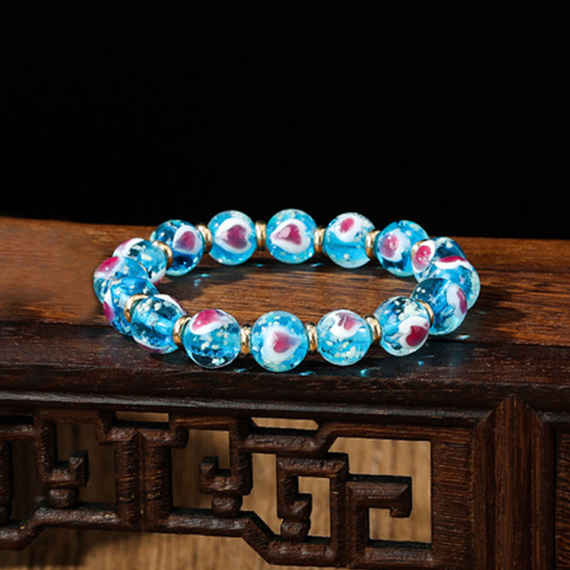 Buddha Stones Gold Swallowing Beast Family Pink Love Heart Luminous Fluorescent Liuli Glass Bead Bracelet - Blue - Simple Version - image 8