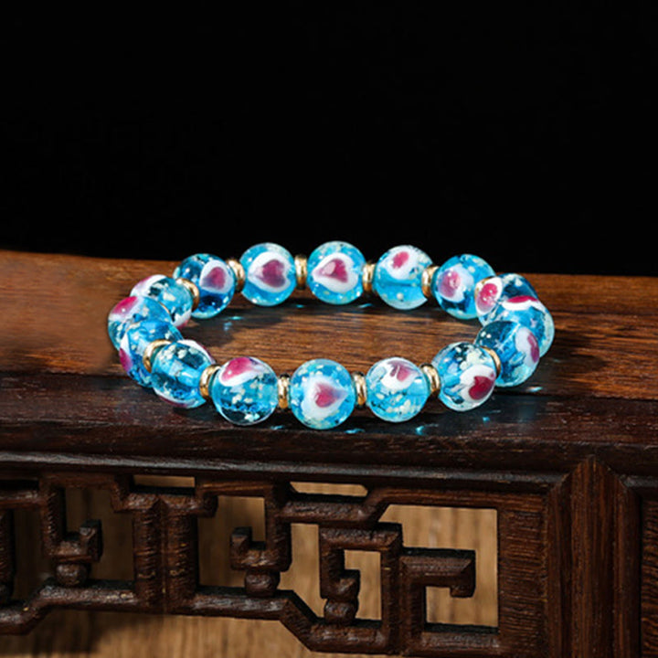 Buddha Stones Gold Swallowing Beast Family Pink Love Heart Luminous Fluorescent Liuli Glass Bead Bracelet - Blue - Simple Version - image 8