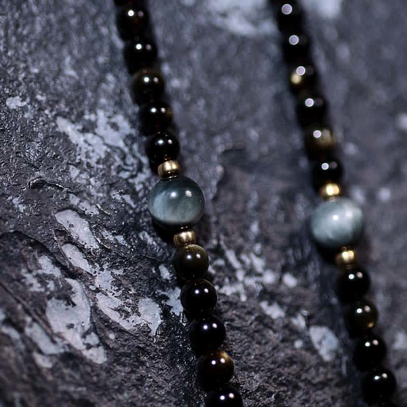 Buddha Stones 108 Mala Beads Gold Sheen Obsidian Tiger Eye Eagle's Eye Stone Wealth Bracelet - image 2