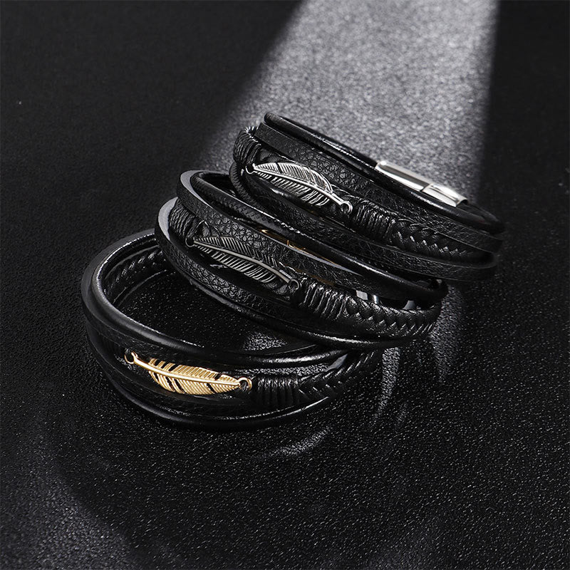 Buddha Stones Feather Pattern Multilayer Leather Titanium Steel Calm Braided Magnetic Buckle Bracelet - image 1