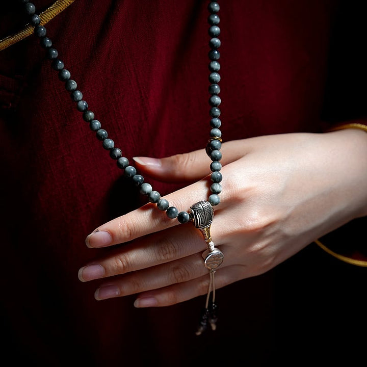 Buddha Stones 925 Sterling Silver 108 Mala Beads Eagle's Eye Stone Moonstone Positive Bracelet - image 13
