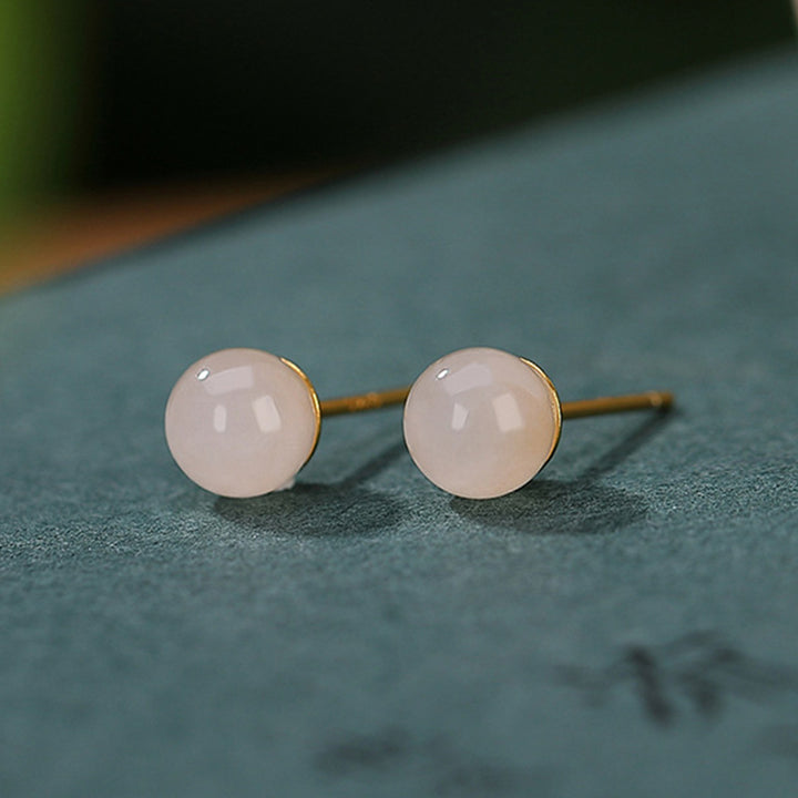 Buddha Stones 925 Sterling Silver Round White Jade Blessing Stud Earrings - image 3