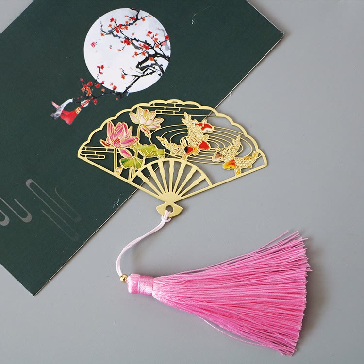 Buddha Stones Traditional Butterfly Lotus Flower Crane Dragon Phoenix Fox Koi Fish New Beginning Metal Brass Hollow Fan Bookmarks - Koi Fish Lotus Flower - image 17