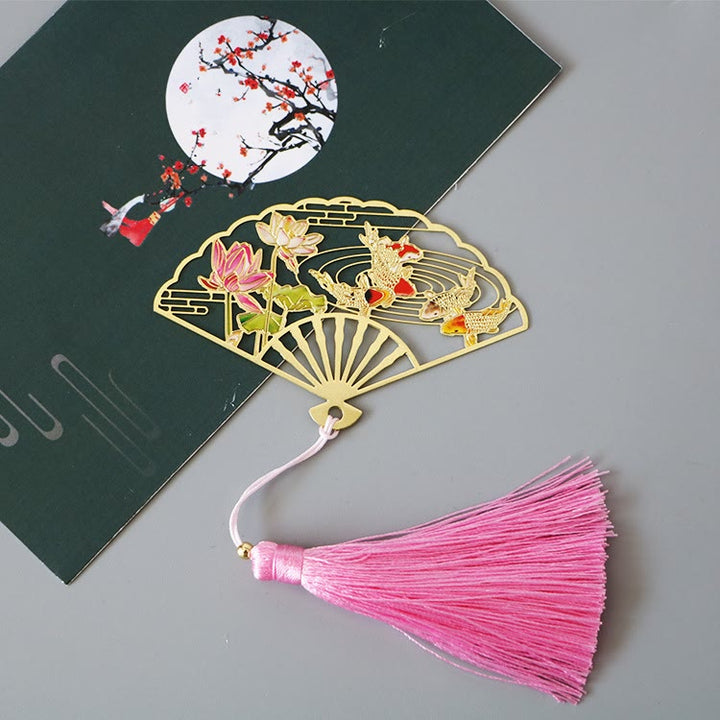 Buddha Stones Traditional Butterfly Lotus Flower Crane Dragon Phoenix Fox Koi Fish New Beginning Metal Brass Hollow Fan Bookmarks - Koi Fish Lotus Flower - image 17
