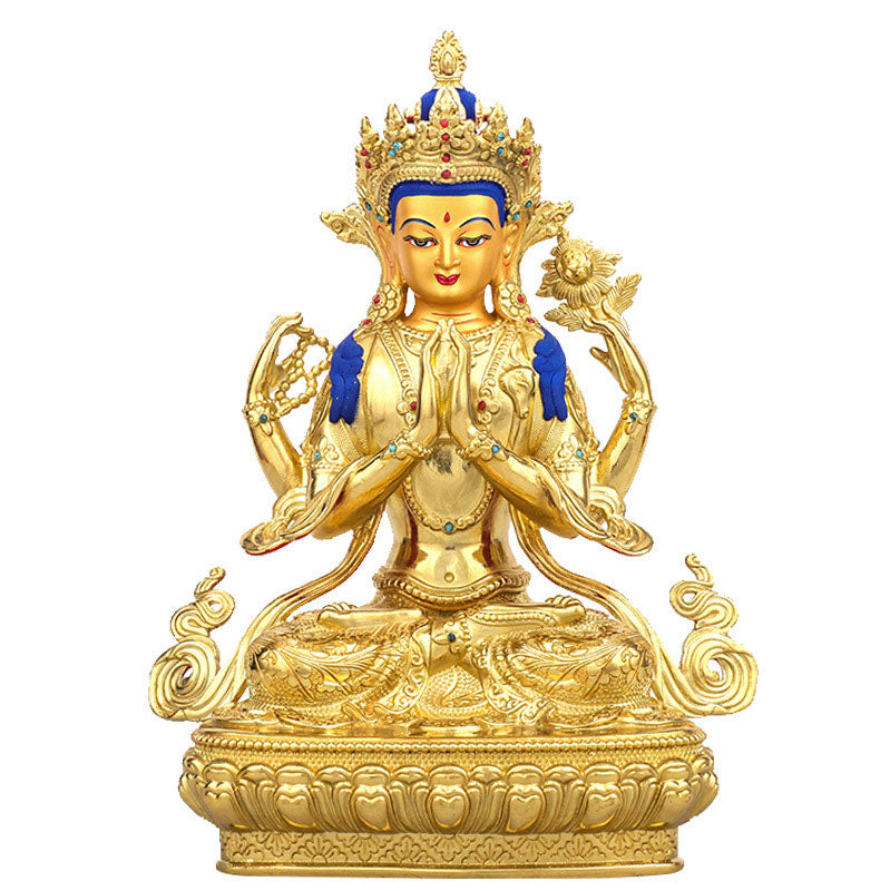 Chenrezig Four-armed Avalokitesvara Protection Copper Gold Plated Statue Decoration - image 0