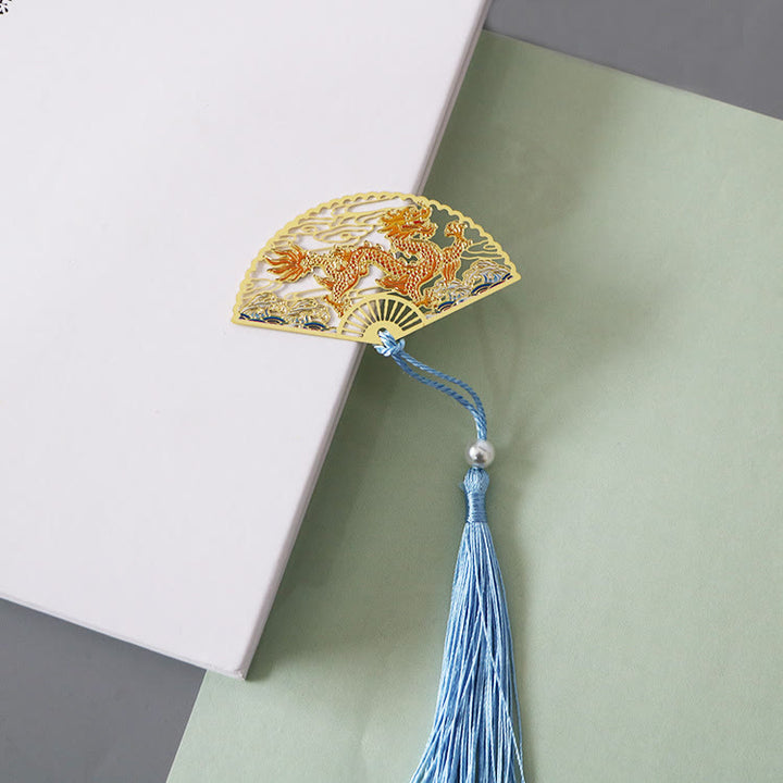 Buddha Stones Traditional Butterfly Lotus Flower Crane Dragon Phoenix Fox Koi Fish New Beginning Metal Brass Hollow Fan Bookmarks - Dragon Flying In The Cloud - image 5