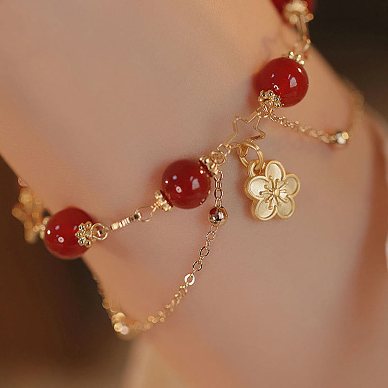 Buddha Stones 14k Gold Plated Red Agate Star Flower Charm Calm Bracelet - image 10