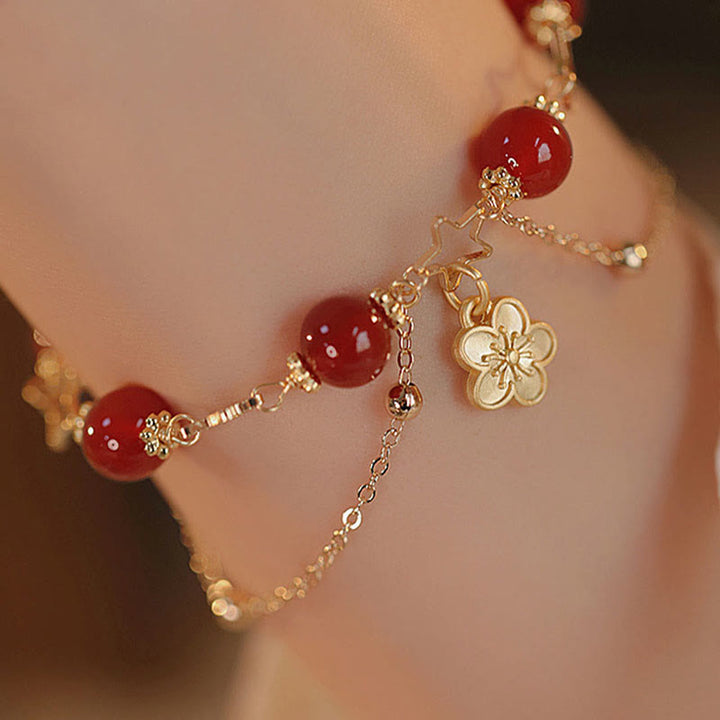 Buddha Stones 14k Gold Plated Red Agate Star Flower Charm Calm Bracelet - image 10