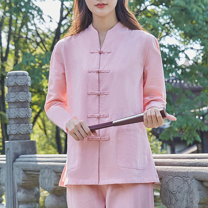 Buddha Stones Spiritual Zen Practice Yoga Meditation Prayer Uniform Cotton Linen Clothing Women's Set - Pink - US18，UK/AU22，EU50 (6XL) - image 4