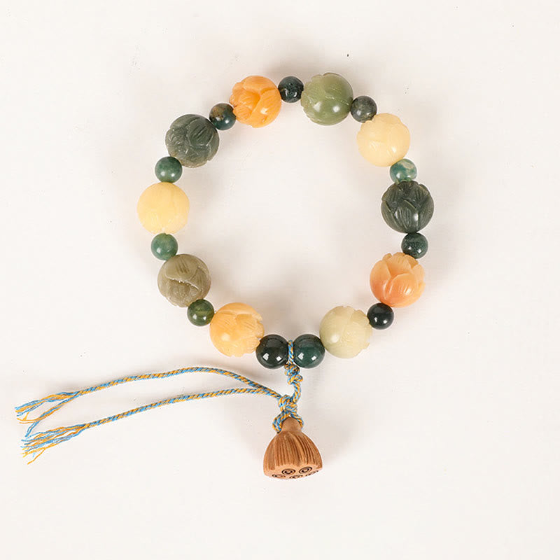 Buddha Stones Bodhi Seed Lotus Bead Engraved Moss Agate Peace Calm Bracelet - image 5