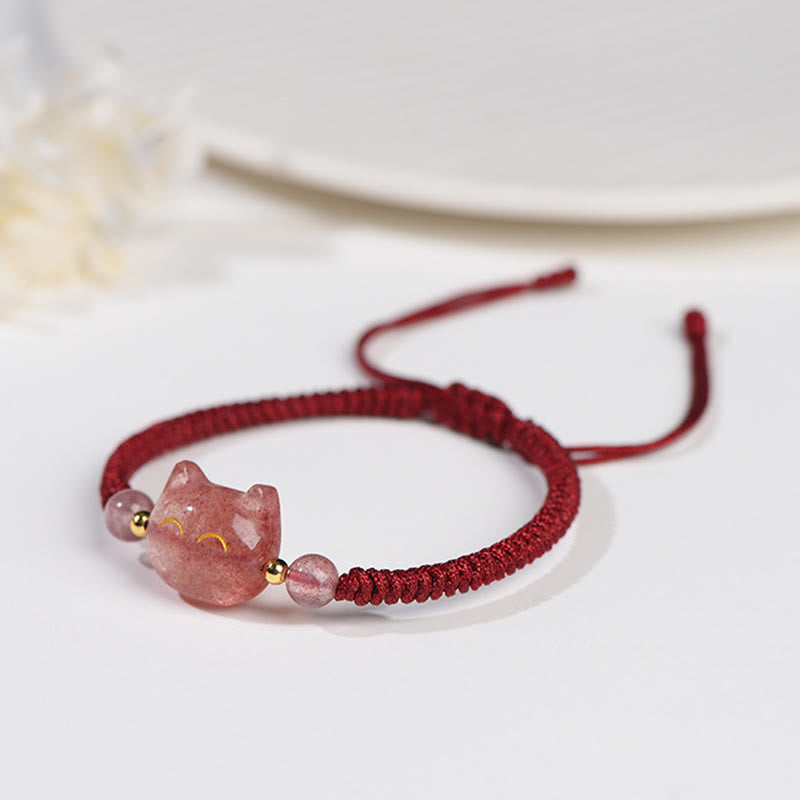 Buddha Stones Handmade Natural Silver Sheen Obsidian Strawberry Quartz Cute Cat Protection Braided Bracelet - image 10