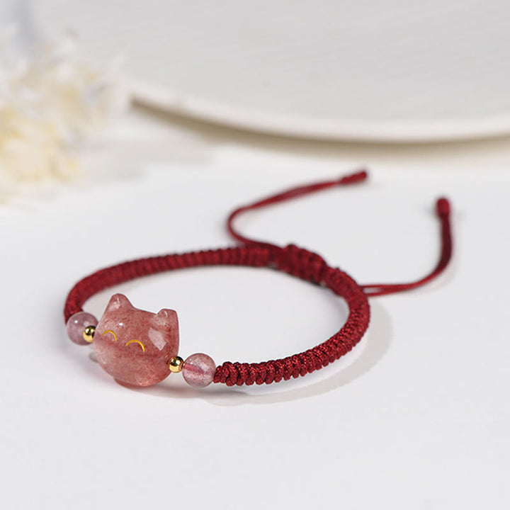 Buddha Stones Handmade Natural Silver Sheen Obsidian Strawberry Quartz Cute Cat Protection Braided Bracelet - image 10