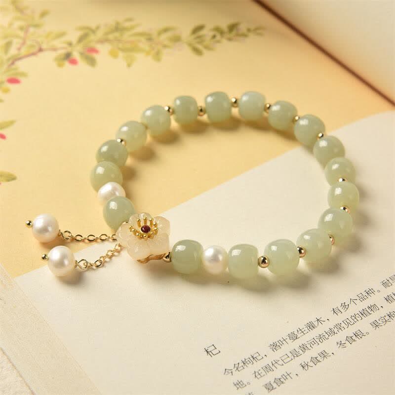 Buddha Stones Hetian Jade Flower Pearl Happiness Abundance Bracelet - image 6