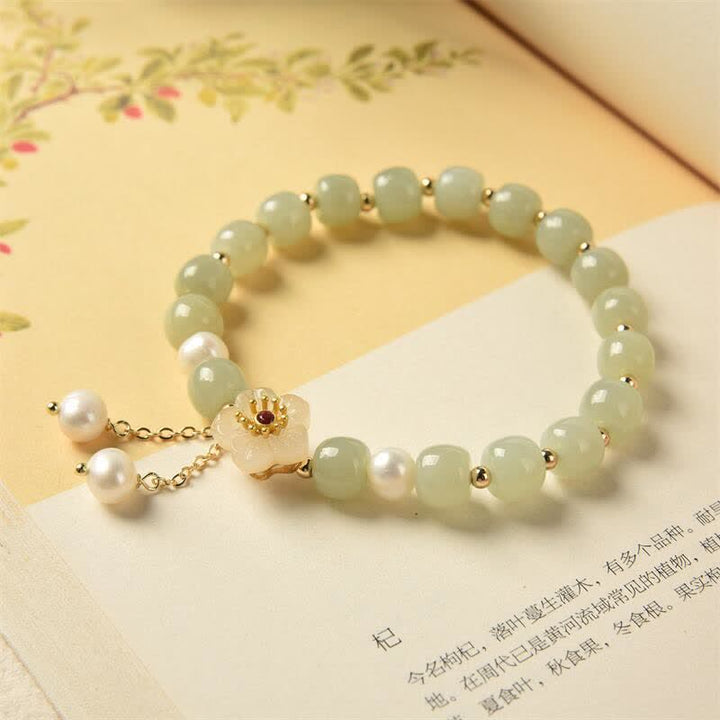 Buddha Stones Hetian Jade Flower Pearl Happiness Abundance Bracelet - image 6