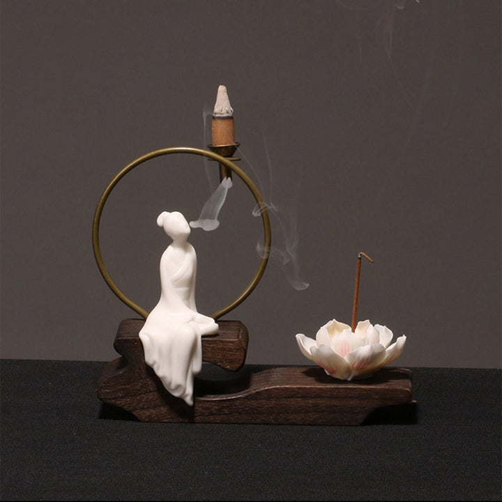 Buddha Stones Ceramic Lotus Healing Meditation Incense Burner Decoration - White Chess - image 5