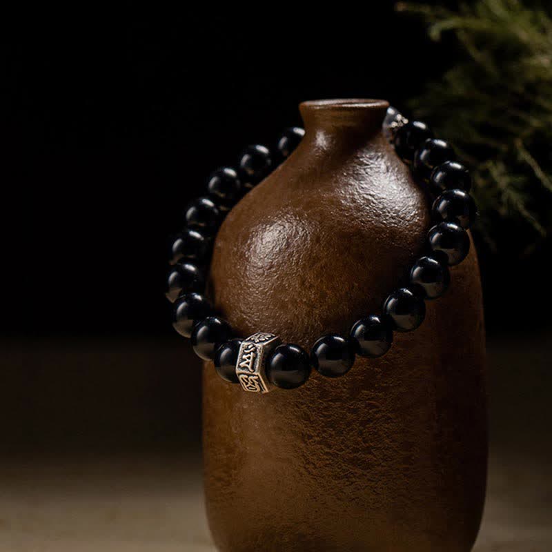 Buddha Stones Chinese Zodiac Natal Buddha 925 Sterling Silver Black Obsidian Moonstone Strength Bracelet - image 1