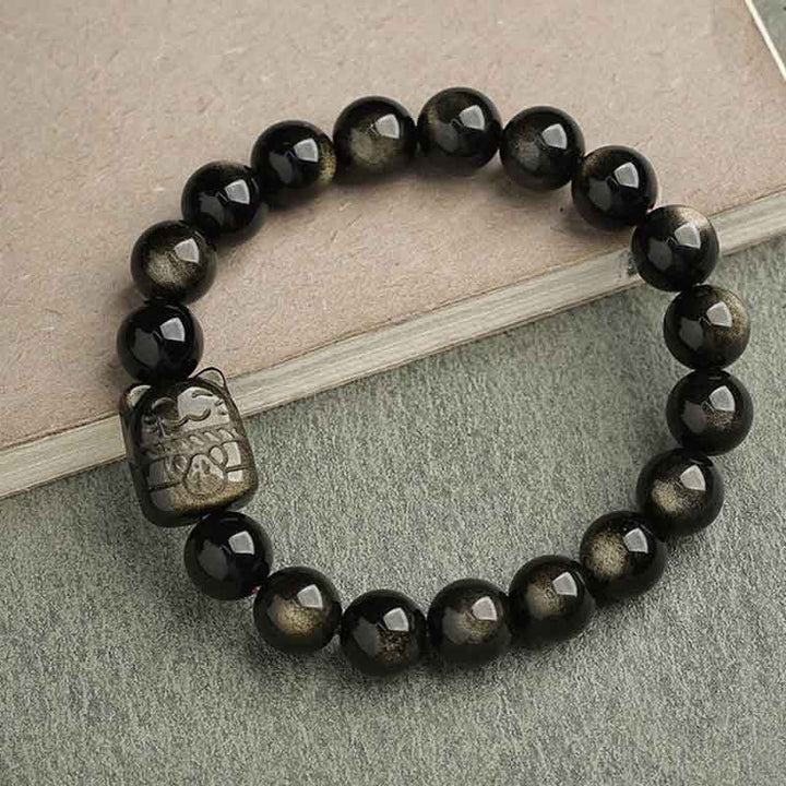 Buddha Stones Gold Sheen Obsidian Silver Sheen Obsidian Lovely Paw Lucky Cat Protection Bracelet - Gold Sheen Obsidian - Lucky Cat - 10mm - image 19