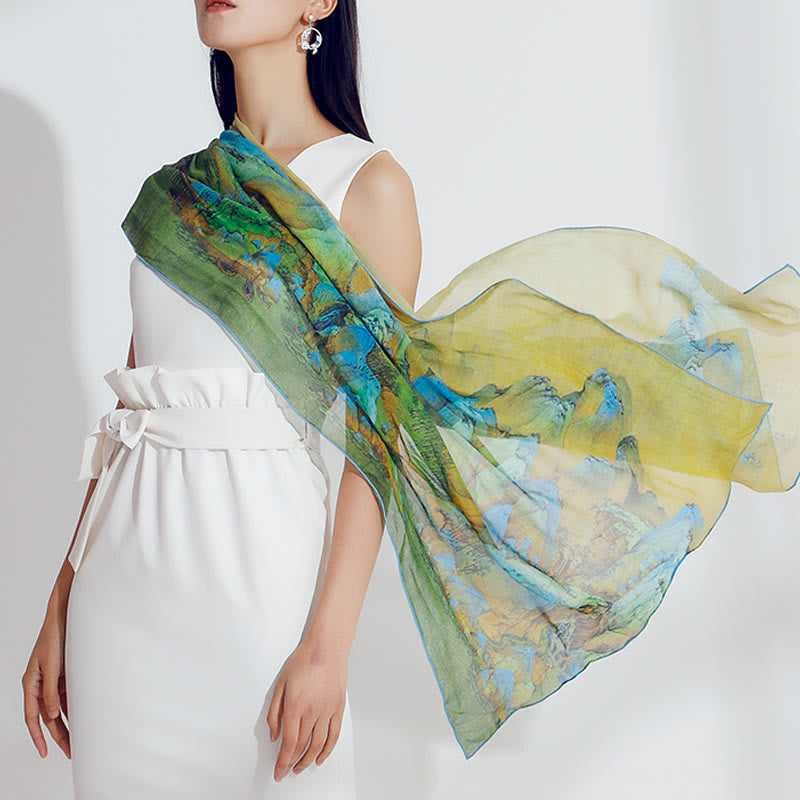 Buddha Stones A Panorama of Rivers and Mountains 100% Mulberry Silk Scarf Premium Grade 6A Silk Shawl - 100% Mulberry Long Silk Scarf 190*60cm - image 0