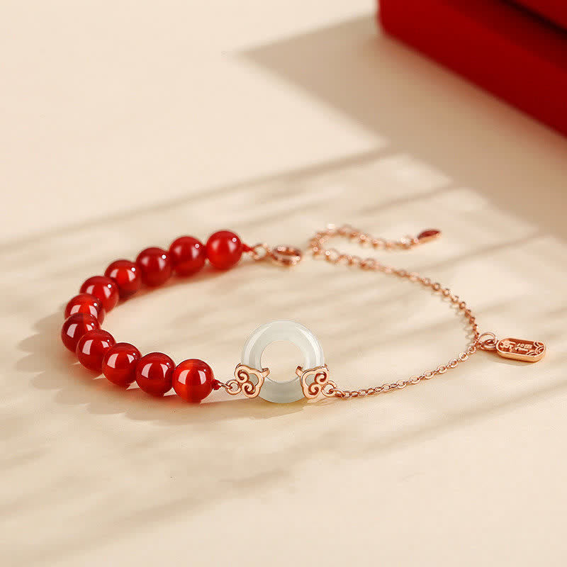 Buddha Stones 925 Sterling Silver Natural Red Agate White Jade Peace Buckle Confidence Bracelet - Red Agate(Confidence♥Calm) - image 0