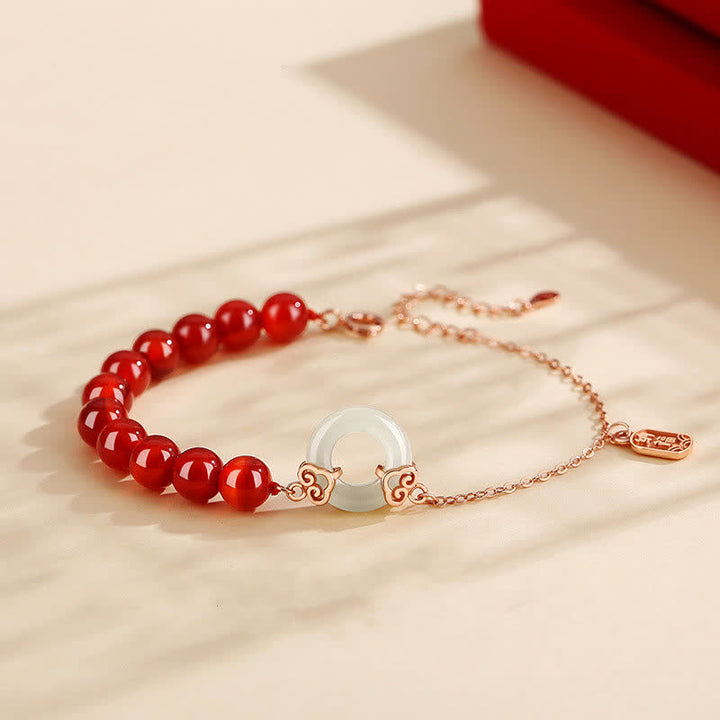 Buddha Stones 925 Sterling Silver Natural Red Agate White Jade Peace Buckle Confidence Bracelet - Red Agate(Confidence♥Calm) - image 0