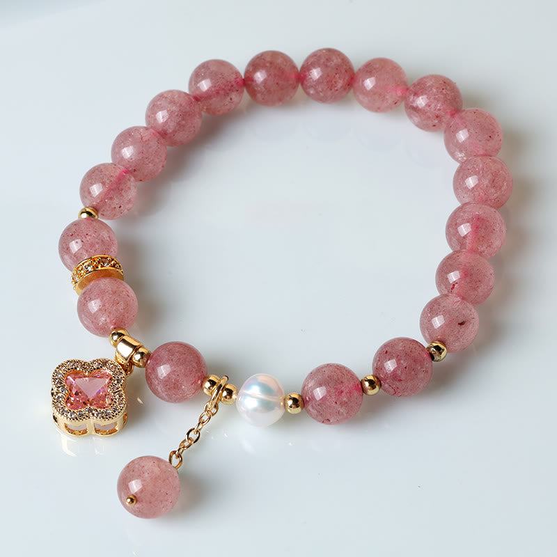 Buddha Stones Strawberry Quartz Pearl Four Leaf Clover Charm Healing Bracelet - image 1
