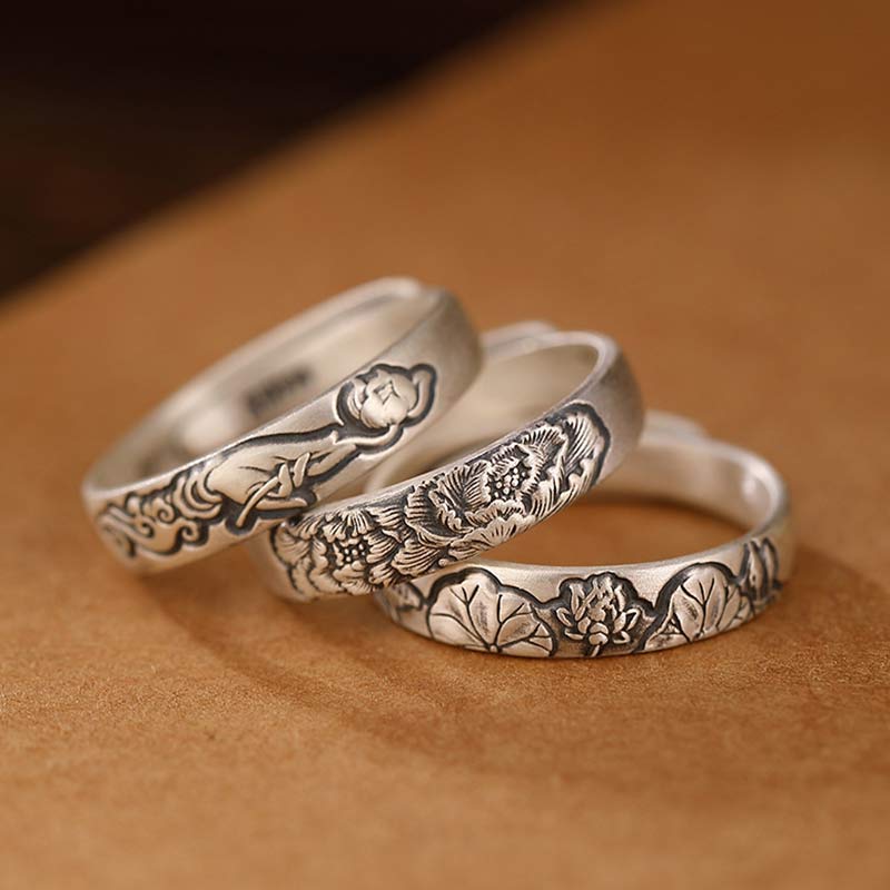 Buddha Stones 999 Sterling Silver Lotus Peony Flower Enlightenment Ring - image 0