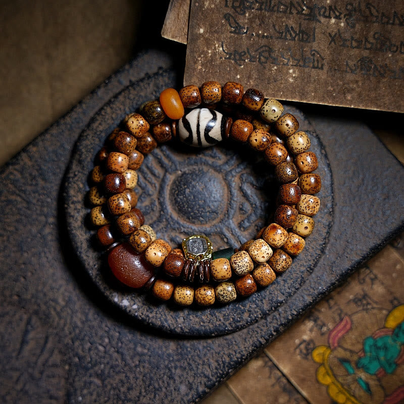 Buddha Stones Tibetan Bodhi Seed Amber Dzi Bead Agate Zakiram Goddess of Wealth Beads Triple Wrap Bracelet - 19-20cm - image 0