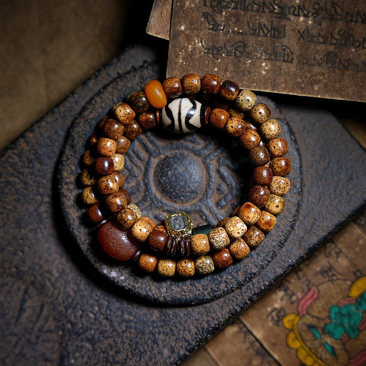 Buddha Stones Tibetan Bodhi Seed Amber Dzi Bead Agate Zakiram Goddess of Wealth Beads Triple Wrap Bracelet - 19-20cm - image 0