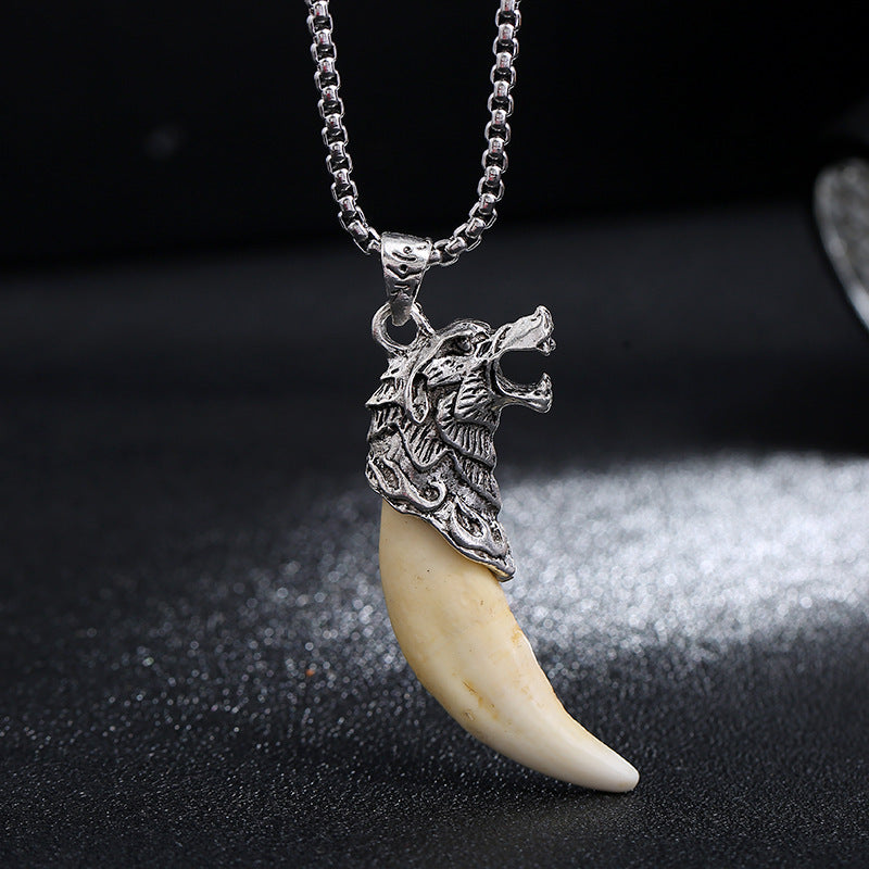 Buddha Stones Imitation Wolf Tooth Titanium Steel Balance Necklace Pendant - image 5